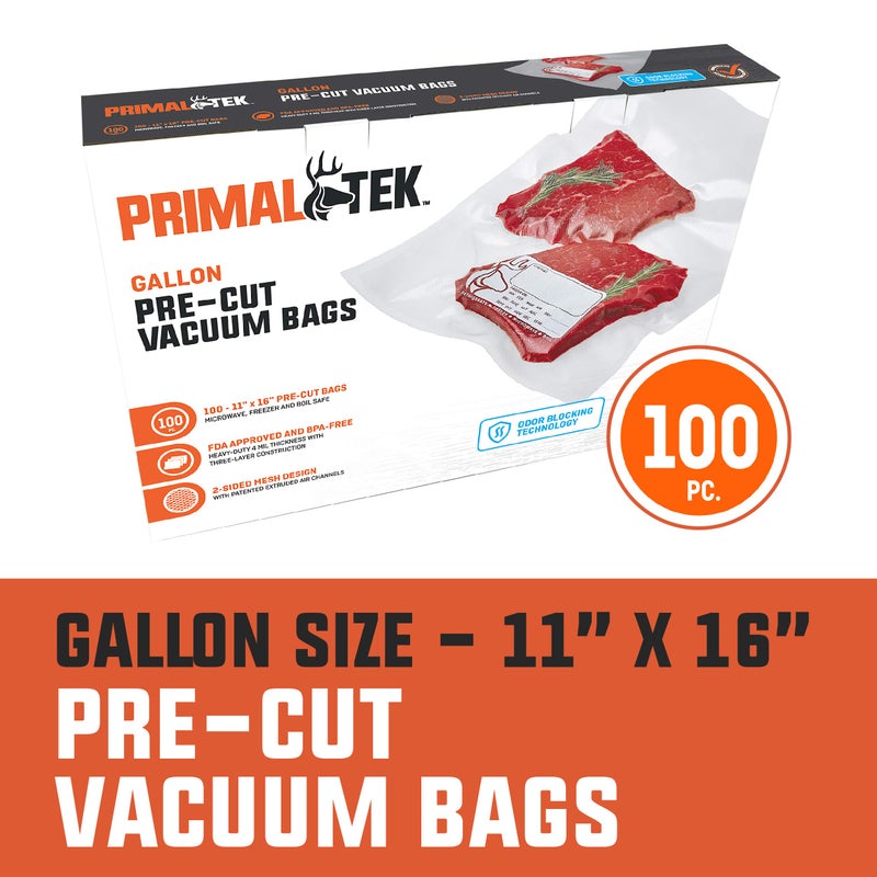 PrimalTek 11â€ x 16â€ Pre-Cut Vacuum Bags â€“ 100 1 Gallon Bags for Food Preservation â€“ BPA-Free Vacuum Sealer Bags, Microwave, Freezer and Boil Safe, Compatible with any Vacuum Sealer Machine - Image 2